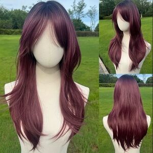 NEW 24” WIG DEEP BURGUNDY LONG HAIR WITH BANGS!!